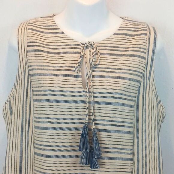Greylin blue/cream stripped sleeveless Sheath dress with Fringe and tassels L - Picture 3 of 12